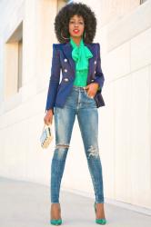 Double Breasted Blazer + Front Tie Blouse + High Waist Jeans