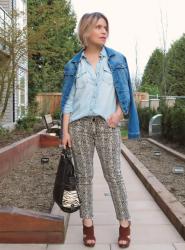 Snake bites:  Snakeskin-patterned jeans, chambray shirt, and denim jacket