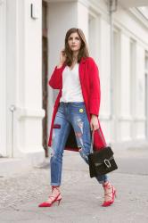 Red Coat, Patched Jeans and Lace Up Heels