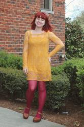 Outfit: Yellow Embroidered Shift Dress, Pink Tights, and Clogs