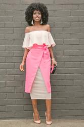 Off Shoulder Blouse + Tie Waist Midi Skirt