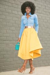 Fitted Denim Shirt + Waves Midi Skirt