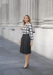 Windowpane Blouse and Pleated Midi Skirt