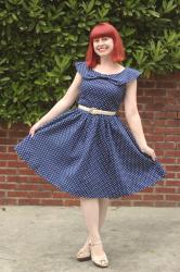 Outfit: Navy Blue Polka Dot Swing Dress with Off White Belt and Heels