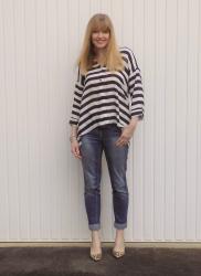 Navy Striped Shirt with Boyfriend Jeans and Leopard Print Shoes