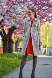 plaid trench coat with red dress