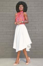 Printed Halter Top + White Flounce Midi Skirt