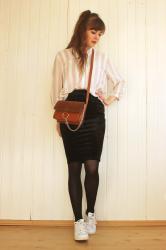 Midi skirt and striped blouse