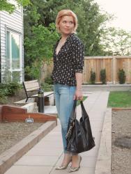 Standing still:  patterned shirt with skinny jeans and animal-print pumps