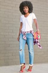 White V-Neck Tee + Distressed Vintage Levi’s