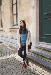 Outfit: Double denim with floral socks and chunky brogues