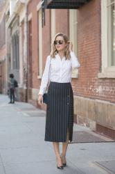 Pinstripe Wrap Midi Skirt