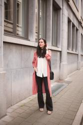 Outfit: long 70s layers in platforms, flares and pink trench