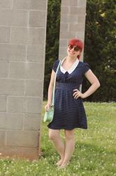 Outfit: Cameoko Jewelry, Blue Polka Dot Dress, and a Mint Green Bag