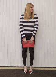 Skinny Jeans with a Striped Sweatshirt and Colourblock Heels.