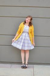 Yellow Cardigan + Plaid Collared Dress