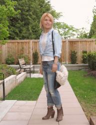 Cram session:  boyfriend jeans, lacy top, chambray shirt, and western-inspired booties