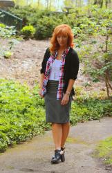 Plaid Sleeveless Shirt & Striped Skirt: Work Appropriate