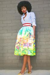 Striped Button Down + Stella Jean Village Print Skirt