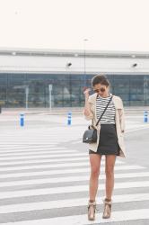 striped top x leather skirt