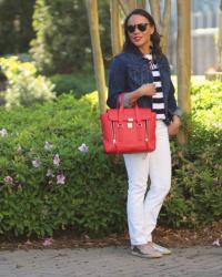 Stripe top, white jeans, espadrilles