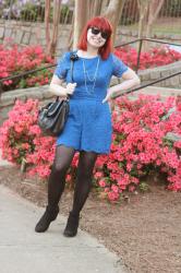 Work Outfit: Blue Lace Romper, Black Tights, and Black Wedge Boots
