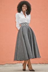 Button Down + Textured Tea Length Skirt