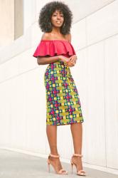 Off Shoulder Frill Top + Printed Pencil Skirt