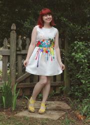 Outfit: Rainbow Paint Splatter Dress with Yellow Wedge Sandals