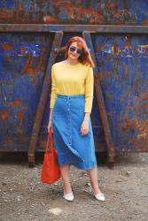Primary Brights Colour Blocking | Yellow Sweater, Denim Blue Midi Skirt SS16