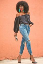 Off Shoulder Silk Blouse + Distressed High Waist Jeans