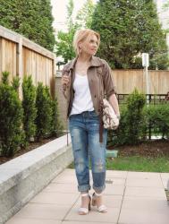 Prerogative:  boyfriend jeans, slouchy tee, bomber jacket, and ankle-strap sandals