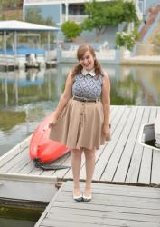 Patterned Collared Dress + Tan Thrifted Skirt