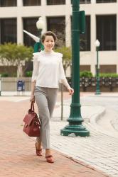 casual office style with burgundy accessories