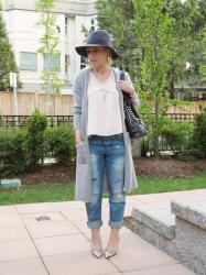 Guess again:  boyfriend jeans, long cardigan, reptile pumps, and floppy hat