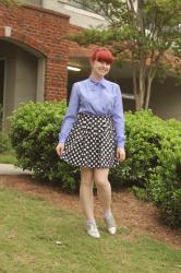 Work Outfit: Navy Polka Dot Skirt, Purple Tie Neck Blouse, and Silver Oxfords