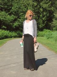 Maximize:  black maxi skirt, slouchy white tee, and shrunken cardigan