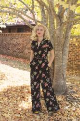 A Floral Jumpsuit and Golden Autumn Leaves
