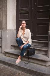 Outfit: silk blouse, boyfriend jeans, pink espadrilles