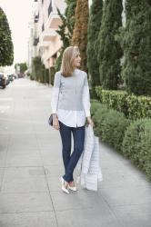 Layered Scallop Sweater and Ankle-Zip Jeans