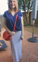 Postpartum Outfits: Striped Maxi Skirts, Rebecca Minkoff Cross Body Saddle Bag