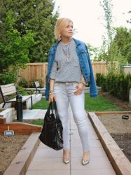 Weather or not:  grey skinnies, bow-front blouse, denim jacket, and reptile pumps