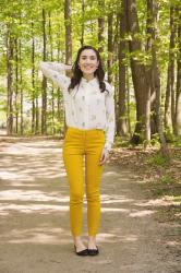 Mustard pants and floral blouse