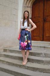 dark blue flare skirt with colorful flowers