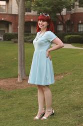 Work Outfit: Light Blue Jersey Knit Dress and White Block Heels