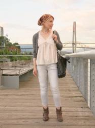 Mall rats:  skinny jeans, drapey top, shrunken cardi, western-style booties, and floral beanie