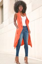 Draped Lapel Vest + Tank Bodysuit + Ankle Length Jeans