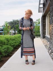 Homeward bound:  sweater dress, crochet vest, and wedge-heeled slides