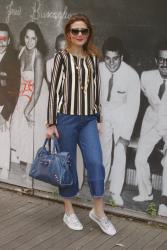 How to wear denim culotte pants: jeweled slip-ons