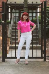 Outfit: Hot Pink Laser Cut Crop Top, White Skinny Jeans, and Floral Wedges